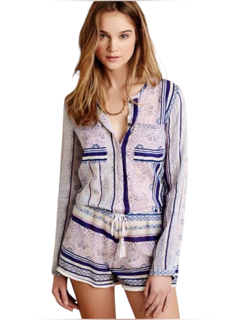 Cynthia Vincent Twelfth Street Romper Cotton Silk Blend Blue Pink Size Medium
